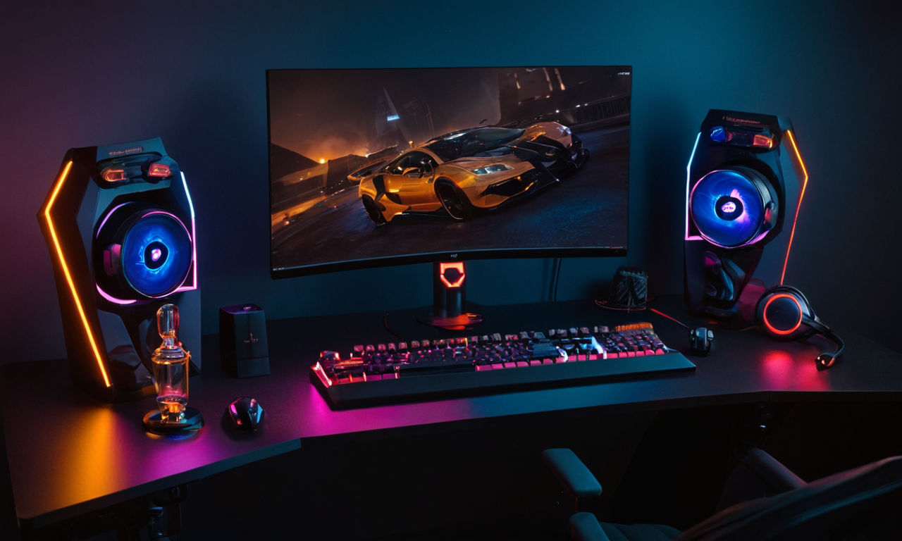 A futuristic, high-performance gaming setup with a sleek gaming monitor displaying detailed in-game graphics of a virtual world. On the desk, there are gaming peripherals like a mechanical keyboard, mouse with customizable RGB lighting, and a high-end gaming headset. The room is dimly lit to enhance the immersive gaming experience.
