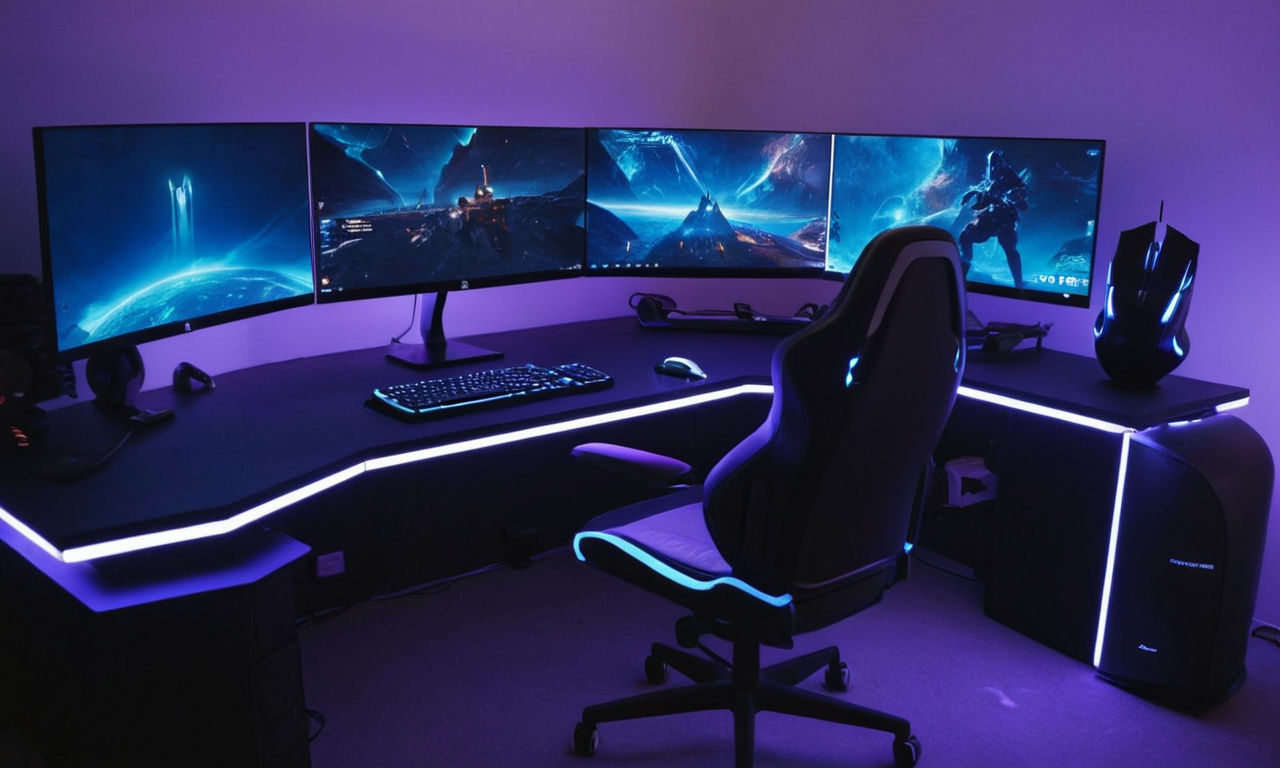 A futuristic, high-tech gaming setup with a glowing keyboard, sleek gaming mouse, dual monitors displaying Destiny 2 gameplay, and a powerful desktop PC. The room is dimly lit with neon blue accents, emphasizing a gamer's paradise.
