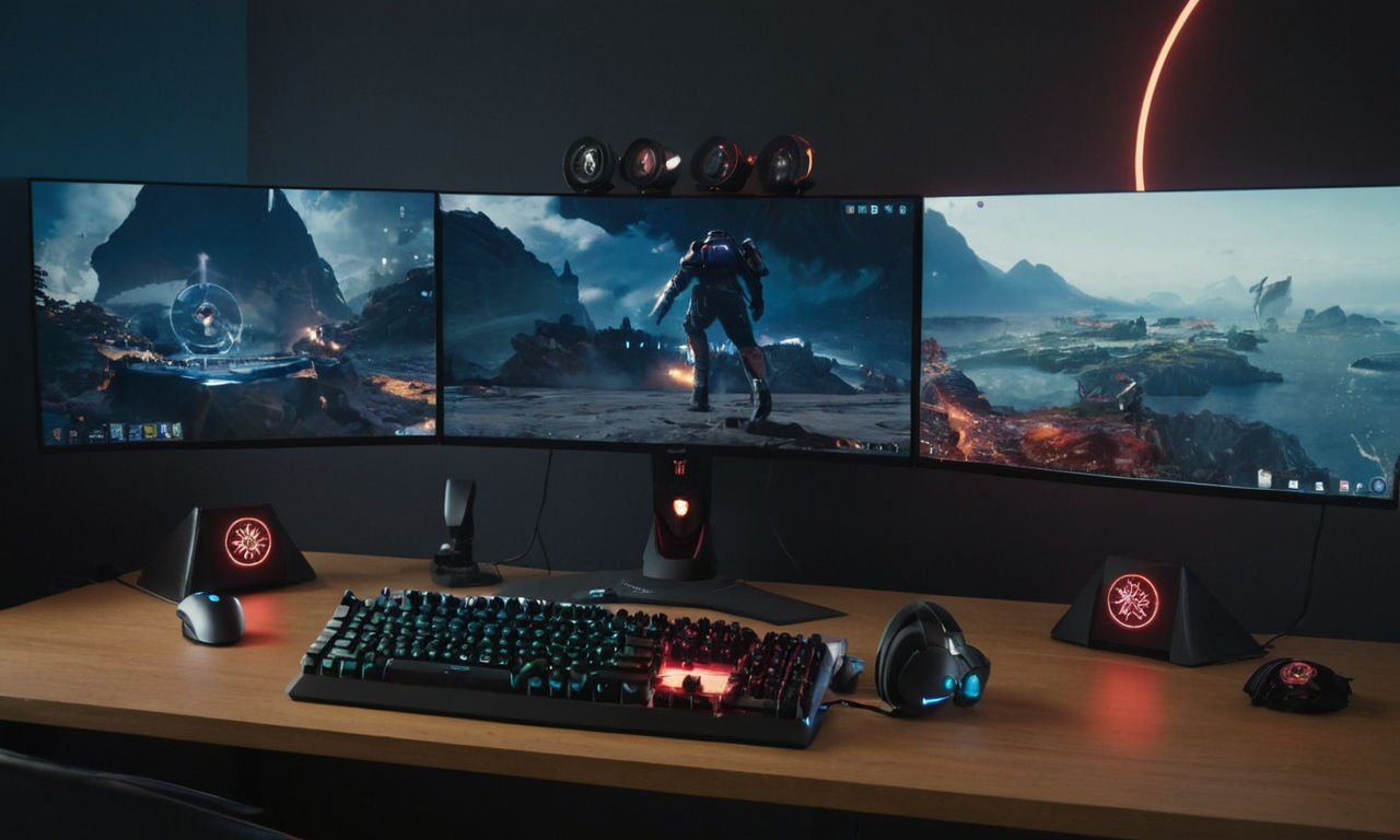 A futuristic gaming setup with a high-performance desktop computer, multiple monitors displaying gameplay, RGB mechanical keyboard, gaming mouse, and headset. The screens show Destiny 2 gameplay at high resolution and frame rate, showcasing a smooth and responsive gaming experience.
