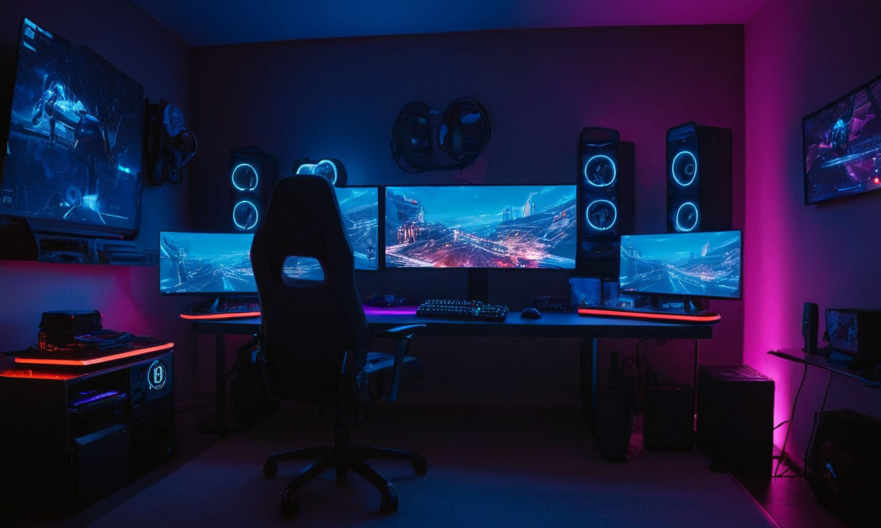 A futuristic, cyber-themed gaming setup with neon lights, gaming peripherals, and a high-performance desktop computer. This image evokes the idea of optimizing game settings and maximizing performance for an intense gaming experience.
