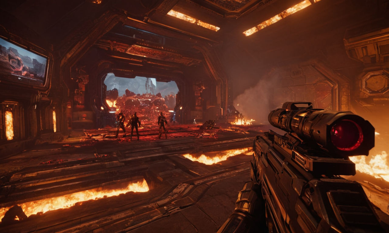 A futuristic gaming setup with a powerful computer running Doom Eternal on ultra settings, showcasing high-quality graphics, smooth gameplay, and intense action scenes.
