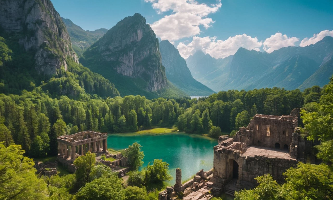 Fantasy landscape setting with lush green forests, towering mountains, and mystical ruins overlooking a crystal-clear lake. Sunlight filters through the trees, casting a warm glow on ancient stone structures. 
