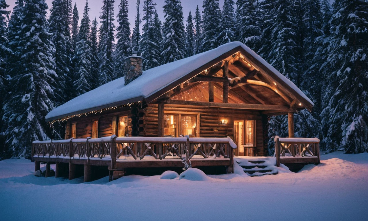 Image prompt: 
Create an image of a cozy cabin in a snowy forest, surrounded by tall pine trees dusted with snow. A warm light glows from the cabin's windows, offering a welcoming and comforting atmosphere. Capture the serene beauty of the winter landscape, with soft snow falling gently around the cabin, creating a peaceful and cozy winter scene perfect for a chilly evening of gaming.
