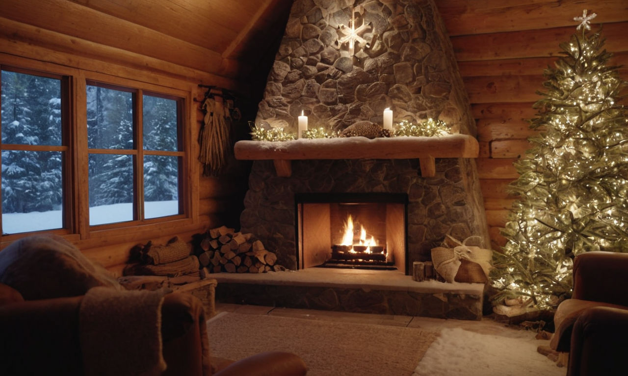 Snowy mountain cabin in a winter wonderland setting, featuring a cozy fireplace, snow-covered trees, and soft falling snowflakes creating a serene and immersive atmosphere.
