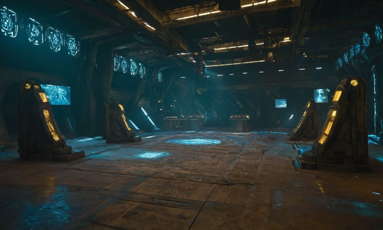 Image prompt: A futuristic, abandoned virtual arena with holographic remnants of a once-thriving multiplayer battle game. The arena is dimly lit, showcasing remnants of character holograms, energy weapons, and digital structures, depicting a scene from a bygone era of intense online competition.
