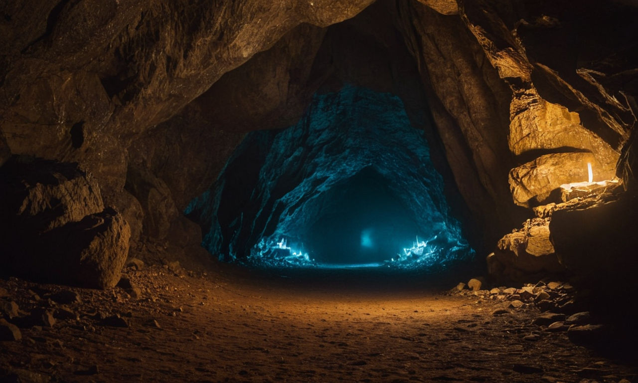 A dark and mysterious underground cave with eerie, glowing crystals and winding tunnels, hinting at hidden dangers and ancient secrets.
