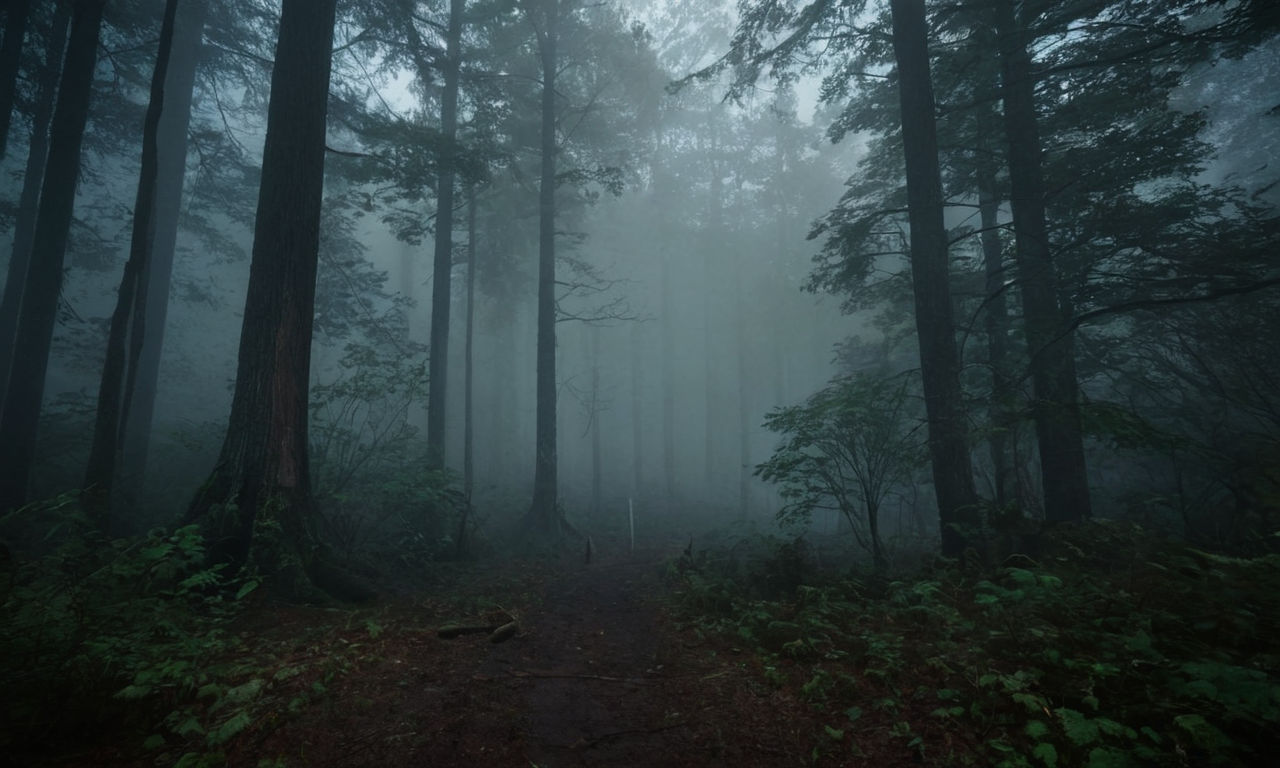 A spooky, dark forest with eerie shadows and mysterious fog, emphasizing the atmosphere of Lovecraftian horror in a video game setting. The image should evoke a sense of suspense and mystery, perfect for a horror action game like Lovecraft's Untold Stories 2.
