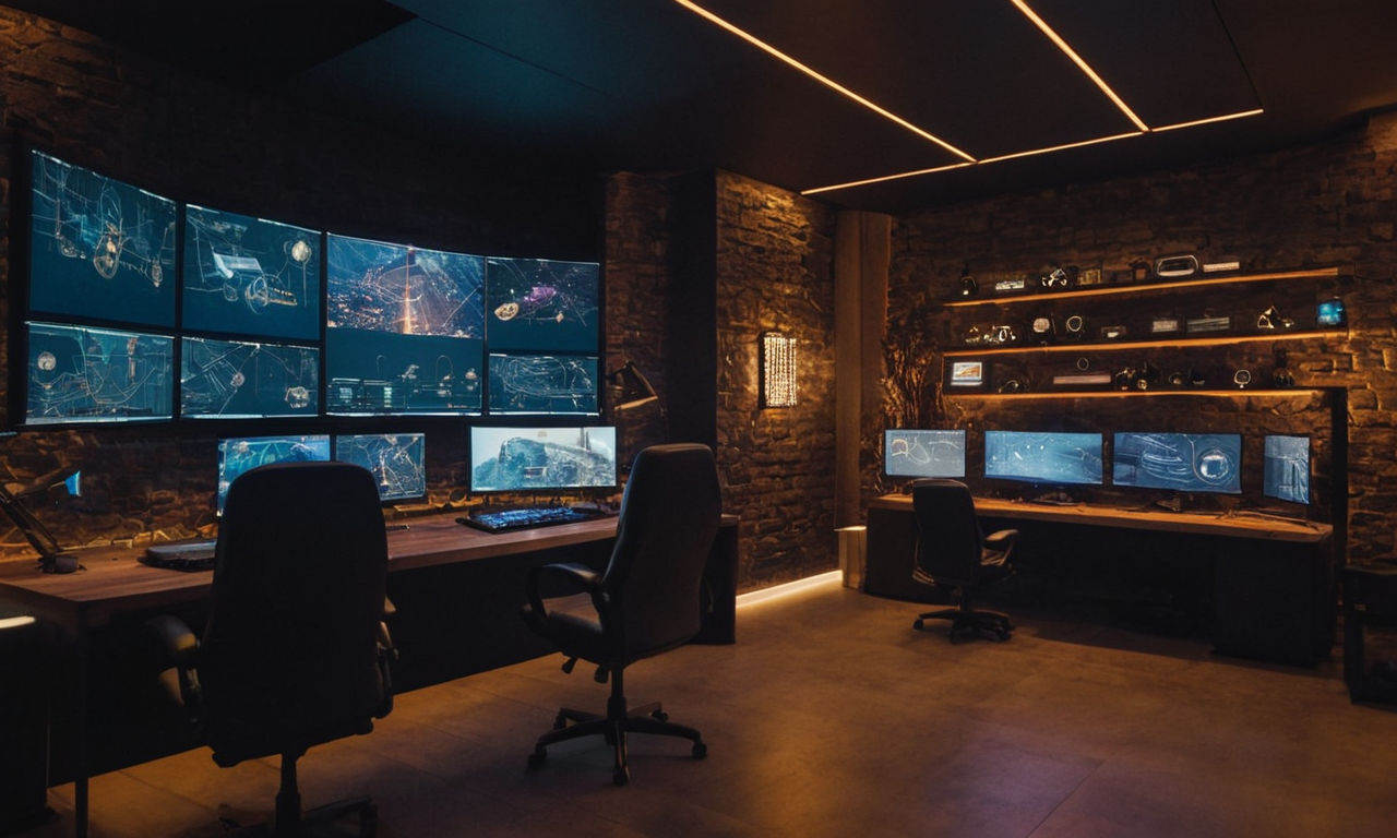 Image prompt: 
A futuristic mobile game development studio with high-tech equipment, computer screens displaying code, design sketches, and virtual reality headsets. The environment is sleek, modern, and cutting-edge to represent the evolving landscape of mobile game development.
