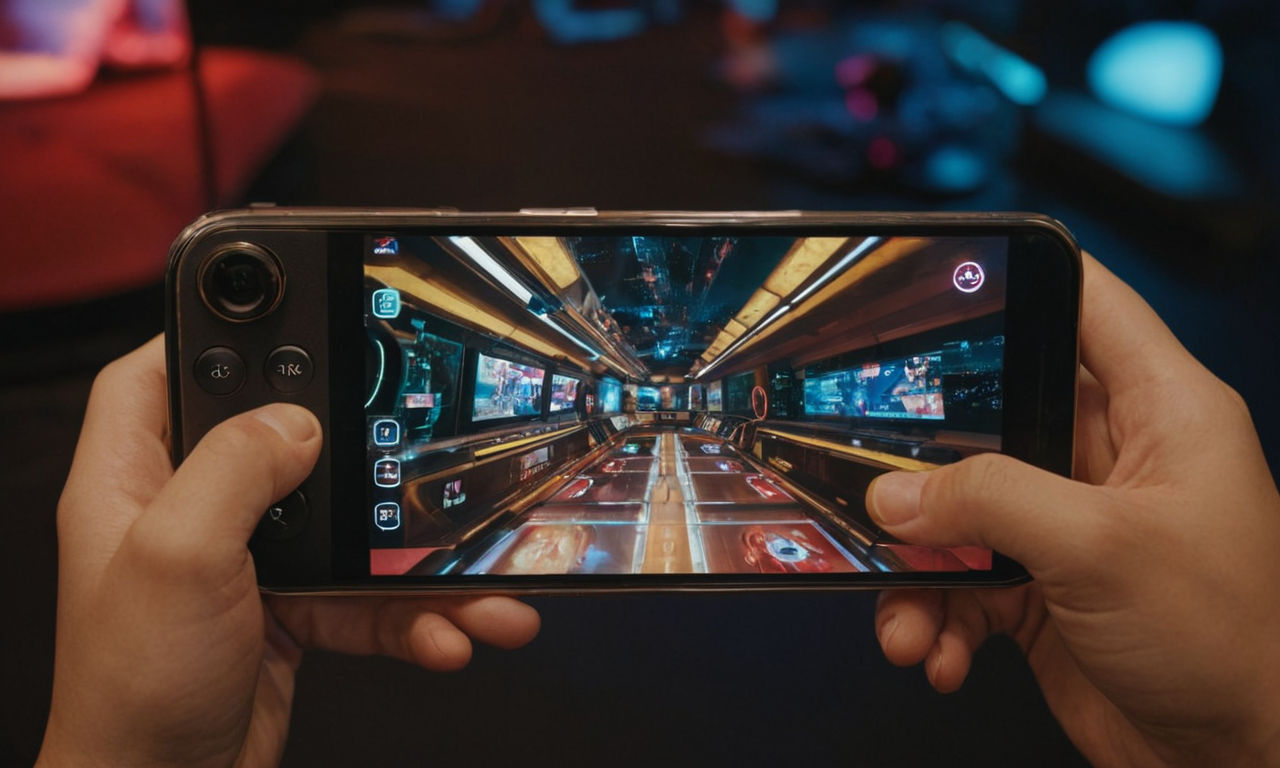 A dynamic and futuristic image of a mobile phone showcasing advanced mobile gaming technologies like augmented reality (AR), virtual reality (VR), cloud gaming, and artificial intelligence (AI) integration. The image captures the essence of innovation and cutting-edge advancements in the mobile gaming industry, symbolizing the future of gaming experiences on smartphones.
