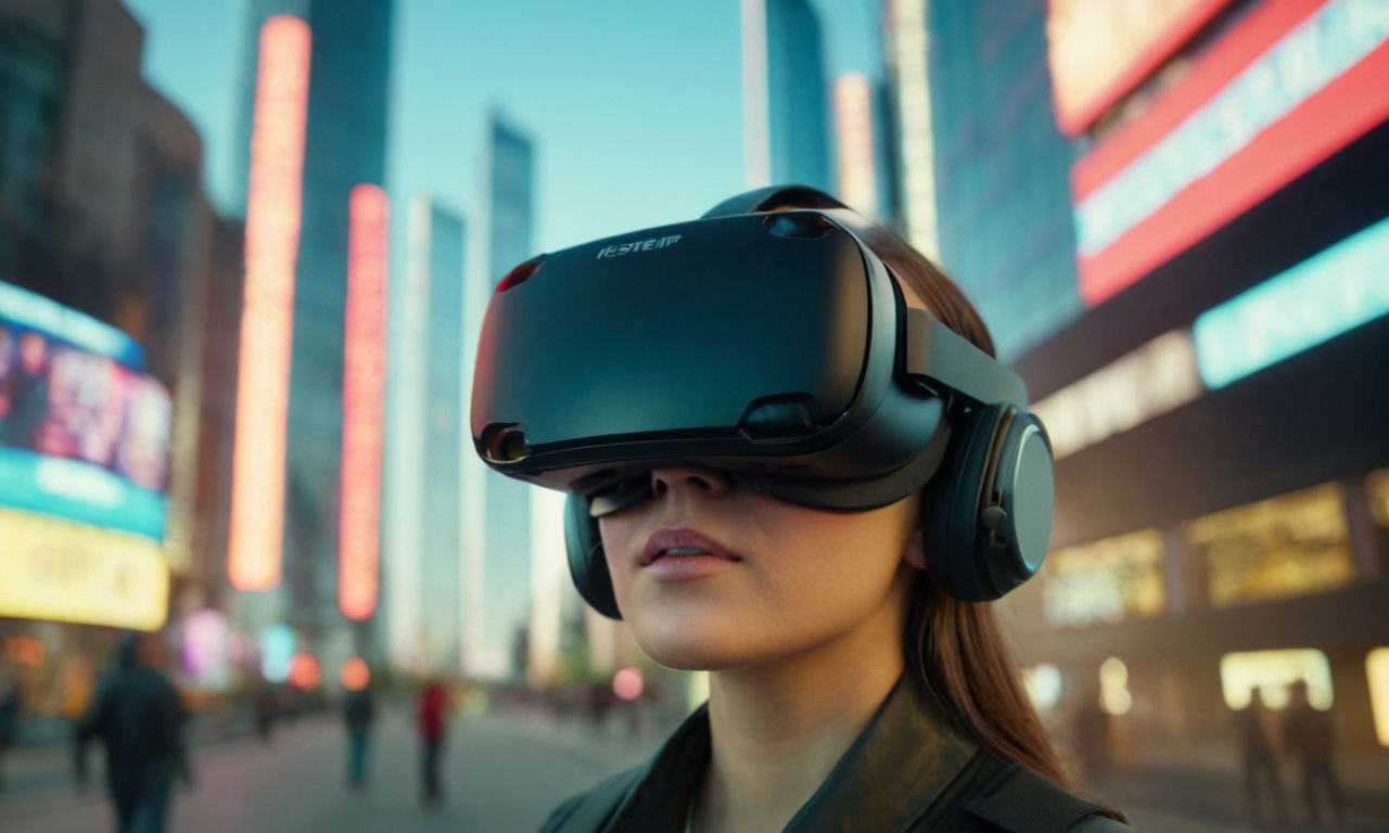 Futuristic virtual reality headset with digital display showing dynamic in-game advertising, futuristic cityscape in the background, technology advancement concept

