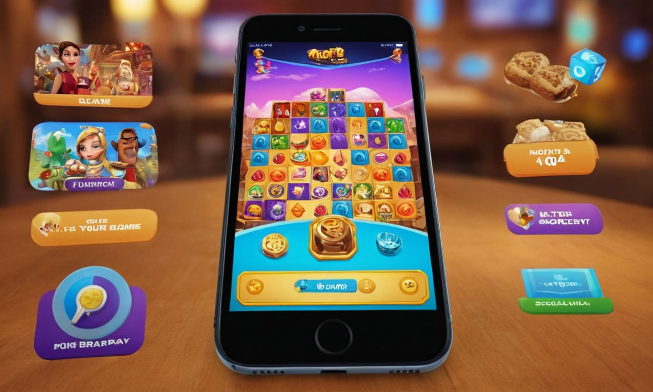 A colorful and engaging mobile game interface with various branded elements like logos and mascots. The screen showcases dynamic gameplay, social sharing options, and in-game rewards to illustrate the concept of brandable mobile games enhancing customer engagement and loyalty.
