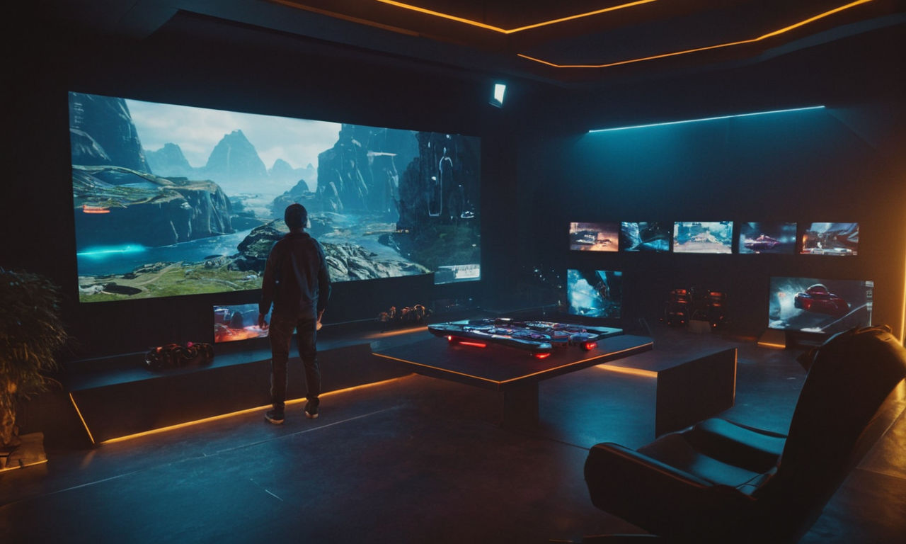 A futuristic gaming environment with advanced technology showcasing mixed reality gameplay, intricate game development tools, and dynamic in-game monetization features. An immersive gaming landscape with a blend of traditional and innovative elements, reflecting market trends and evolving gamer expectations.
