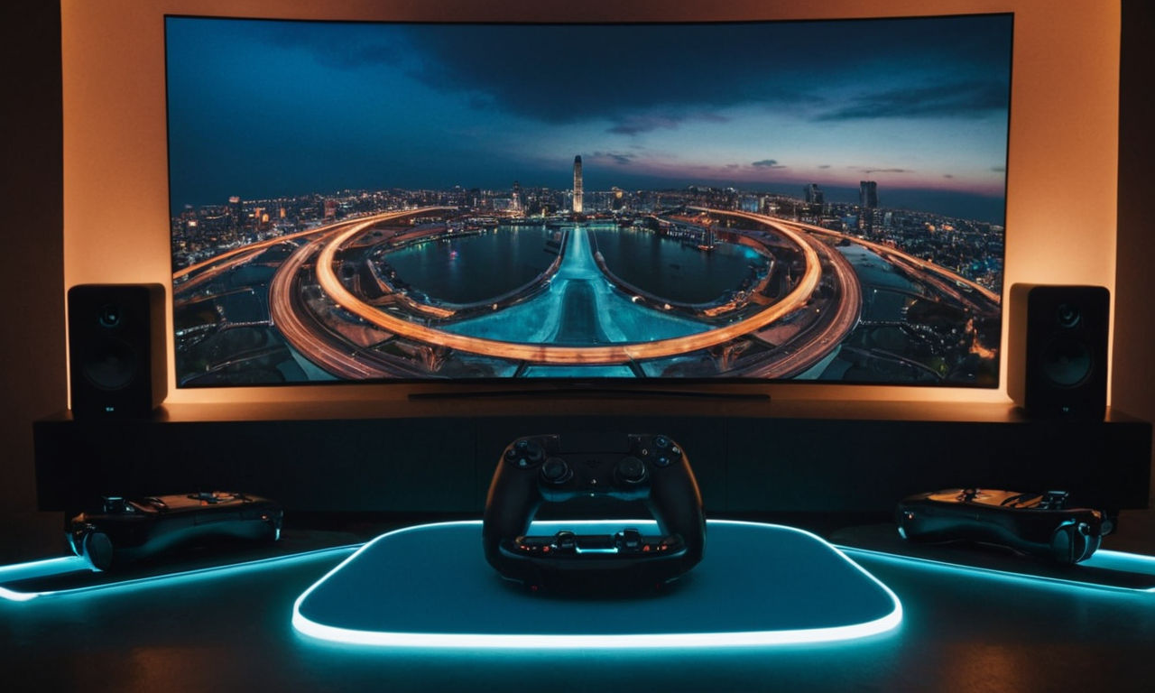 Image prompt: 
A futuristic gaming setup with advanced technology: sleek gaming console, high-end VR headset, gaming controller, and multiple screens displaying immersive virtual worlds. Incorporate elements hinting at changing gamer expectations and evolving technologies.
