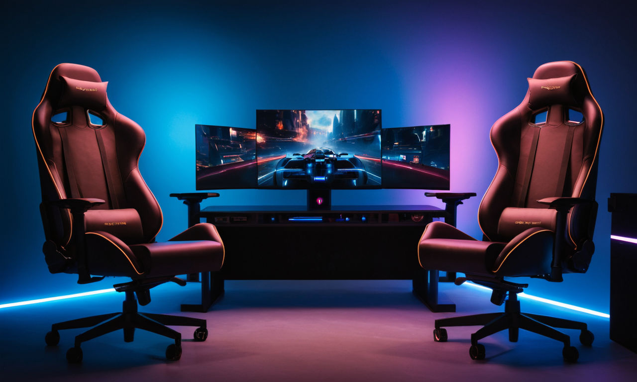 A futuristic gaming setup with advanced technology and immersive features, showcasing a high-tech gaming console, dual monitors, RGB lighting, and a comfortable gaming chair in a futuristic setting.
