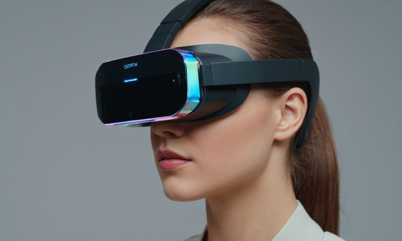 A futuristic holographic headset that blends seamlessly with surroundings, displaying advanced augmented reality features in a sleek and modern design.
