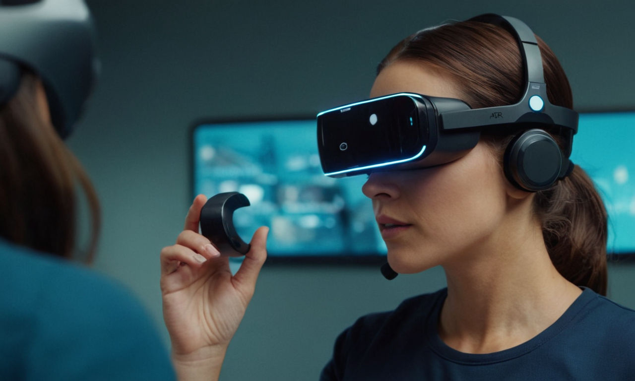 A futuristic AR headset that showcases augmented reality experiences in various industries like healthcare, education, and engineering. The image features a person wearing the headset, interacting with digital objects superimposed over the real world, highlighting the advanced technology of AR.
