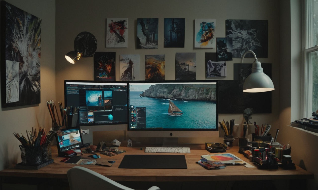 A digital artist's workstation: a sleek computer with multiple monitors, graphics tablet for detailed artwork, various art supplies scattered on the desk, and a mood board with game concept sketches and color palettes.
