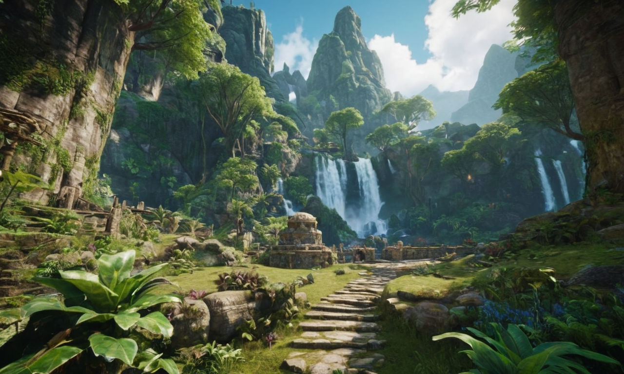 An image of a fantastical, vibrant game world filled with lush forests, towering mountains, and mystical creatures. Show intricate details like sparkling waterfalls, ancient ruins, and magical glowing plants to emphasize immersion and creativity. Include interactive elements like hidden pathways, treasure chests, and mysterious portals to engage players in exploring this dynamic environment.
