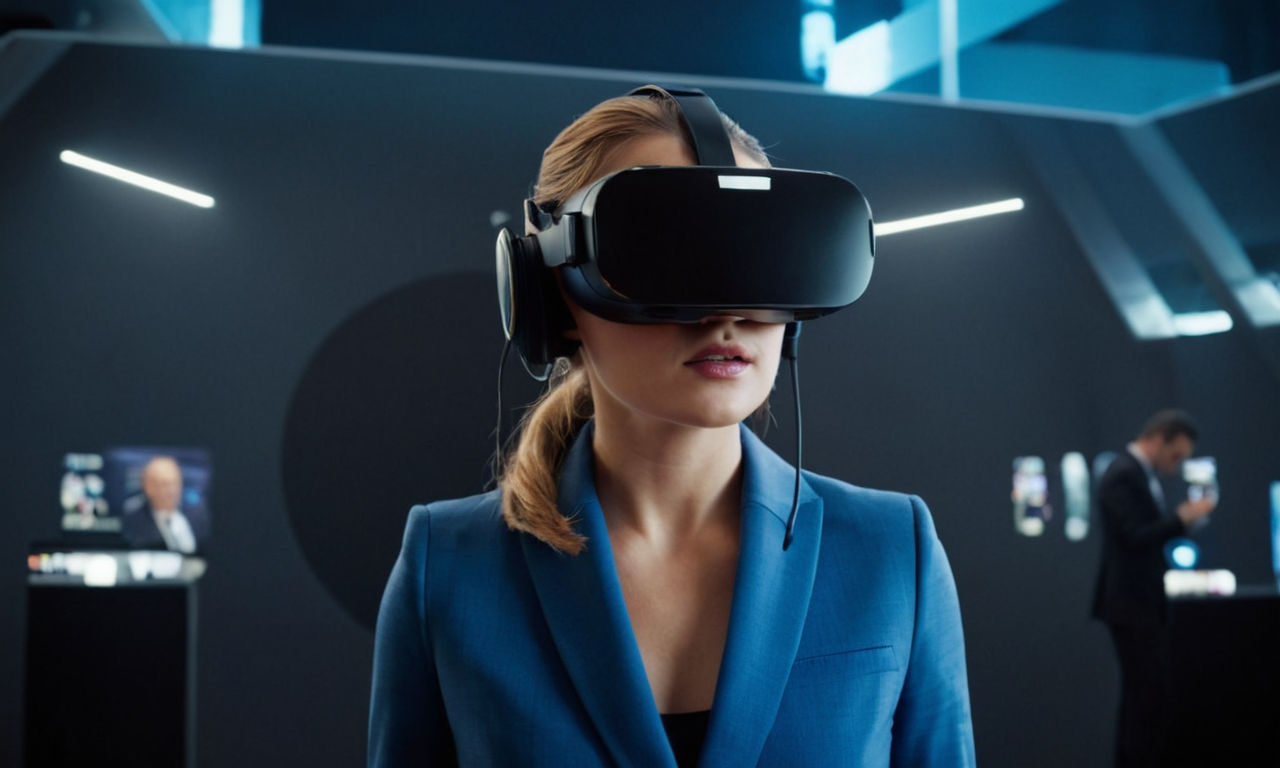 A futuristic virtual reality B2B marketing game simulation with digital interfaces and interactive features for engagement and lead generation. The scene includes advanced graphics and elements showcasing the integration of gaming strategies in corporate marketing.
