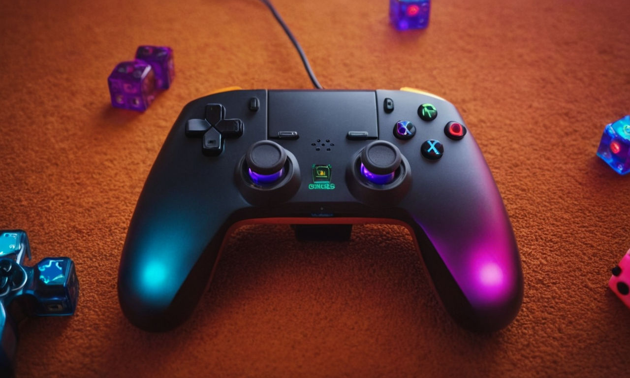A modern, sleek video game controller surrounded by colorful digital elements, representing the integration of gaming into B2B marketing strategies. The controller is set against a futuristic background to symbolize innovation and creativity in marketing approaches.
