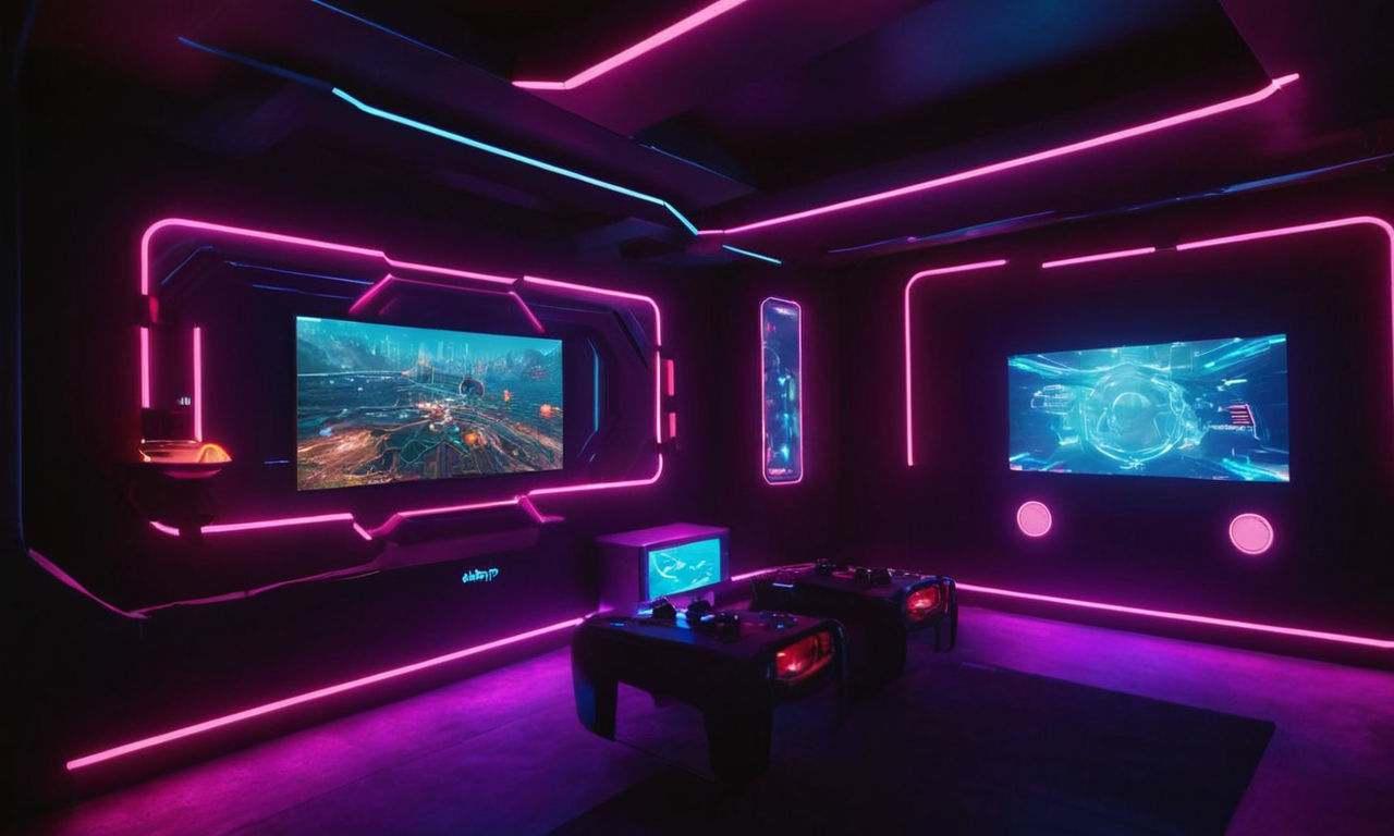 Futuristic virtual reality gaming environment with neon lights, digital interfaces, and floating game elements. This image should convey a blend of technology and gaming concepts, symbolizing the future of idle games and innovation in the gaming industry.
