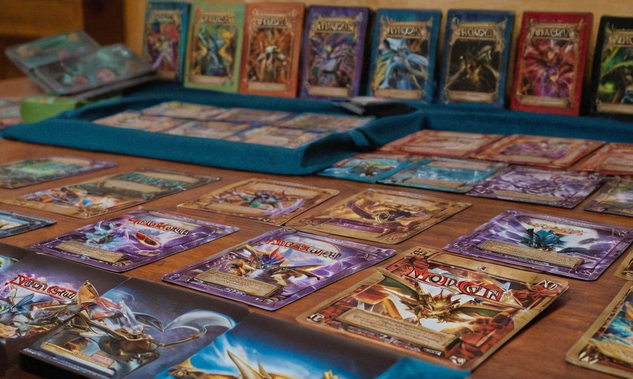 A vibrant, detailed image of a diverse collection of Yu-Gi-Oh trading cards displayed on a tabletop, featuring various monsters, spells, and traps. The cards are arranged neatly and include iconic cards that beginners often start with, showcasing the colorful and exciting world of Yu-Gi-Oh.
