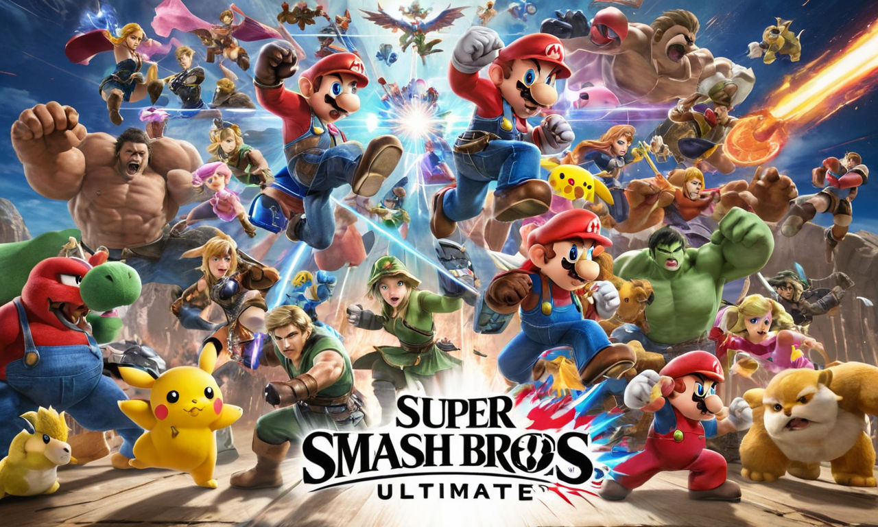 Image prompt: A vibrant and action-packed digital rendering of Super Smash Bros Ultimate characters engaging in an intense battle on a dynamic and colorful gaming stage. Show iconic characters from the game showcasing their unique abilities and expressions, capturing the essence of competitive gameplay in the world of Smash Ultimate.
