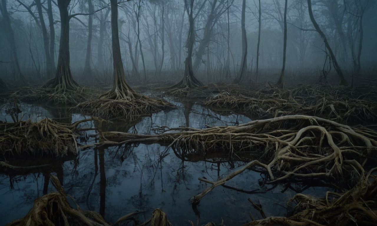 A dark and mysterious swamp scene illuminated by a faint light, showcasing the intricate details of a skeleton key amidst twisted roots and fog. The eerie atmosphere exudes a sense of survival game mystery and strategic resource utilization.
