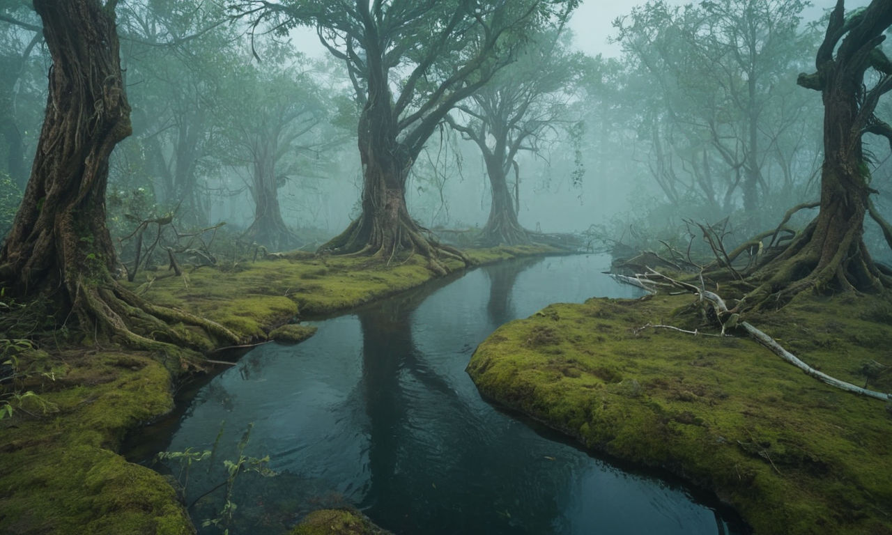 Swamp scene in a mysterious video game environment, featuring foggy waters, twisted trees, and hidden pathways - perfect for exploring the strategic uses of a mystical skeleton key for survival and success.
