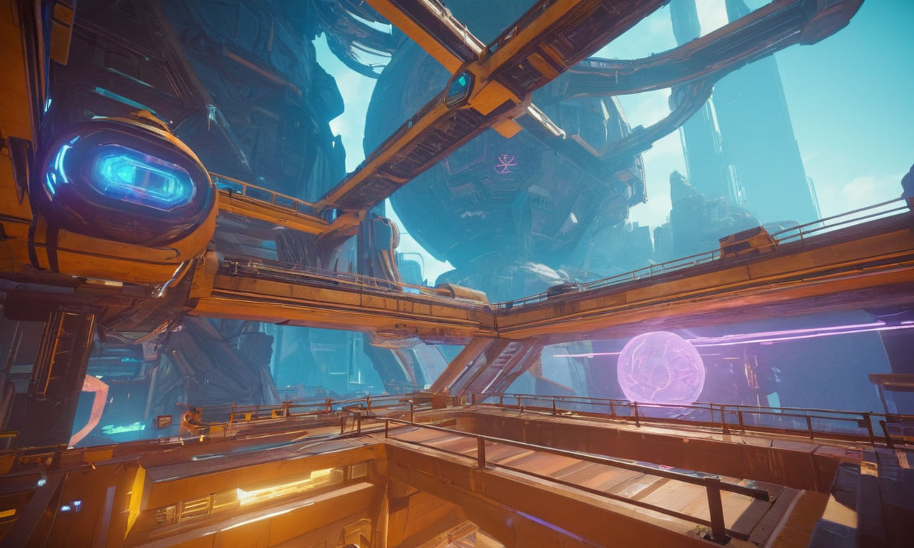 An abstract, futuristic video game concept art featuring unique platform designs, intricate level structures, and vibrant color schemes. This image should capture the essence of innovation and creativity, appealing to indie game enthusiasts.
