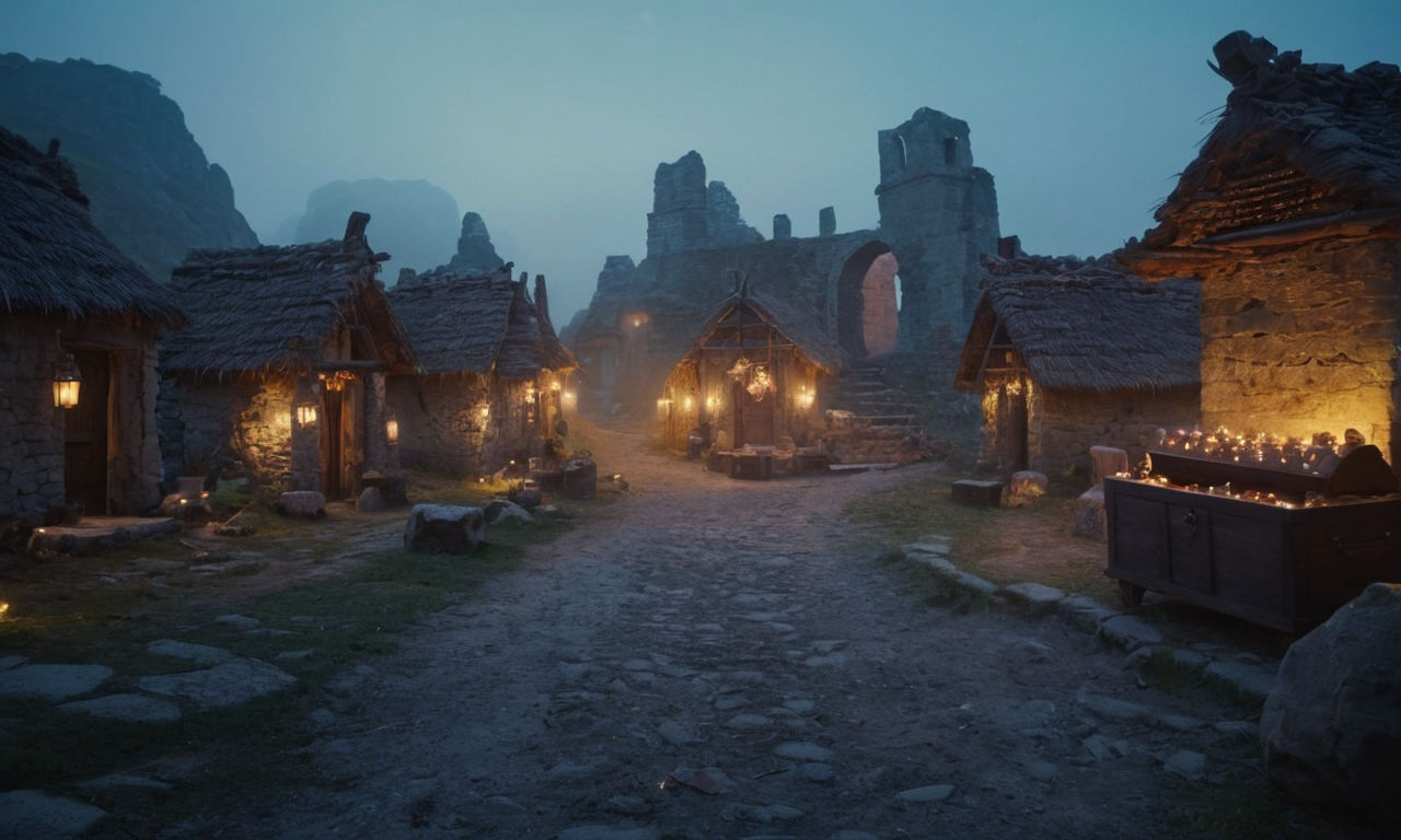 Mystical fantasy village at twilight with glowing treasure chests surrounded by ancient ruins, magical crystals, and mysterious foggy atmosphere.
