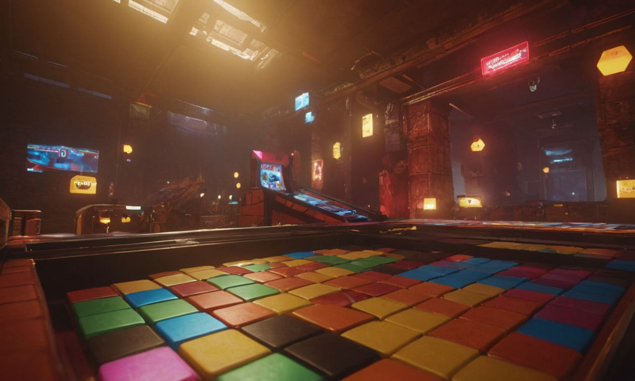 A dynamic and challenging arcade game environment with colorful blocks streaming towards the player, requiring quick reflexes and strategic moves to dodge the obstacles effectively. The scene showcases a mix of power-ups floating around, hinting at the importance of utilizing them strategically to maximize gameplay.
