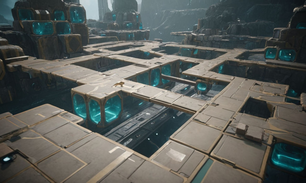 An image of a futuristic, geometric puzzle with interconnected pathways and obstacles. The puzzle should look challenging and complex, showcasing different levels of difficulty and unique design elements. This image should convey the idea of precision and careful planning, similar to the gameplay experience in "Fragile Ball".
