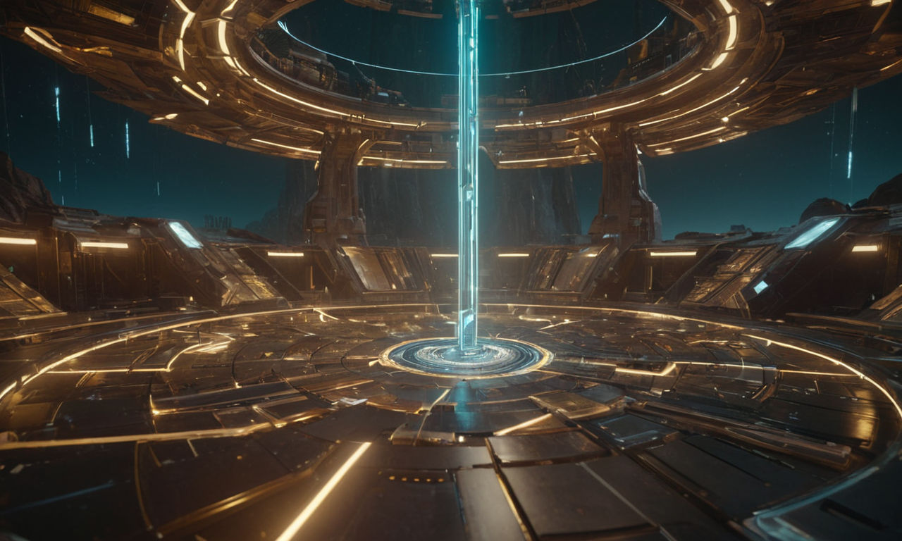 A futuristic, abstract puzzle landscape with rotating platforms, moving obstacles, and glowing crystals symbolizing a challenging puzzle game environment. The scene showcases intricate level design and physics-based elements that require precision and strategic thinking to navigate.
