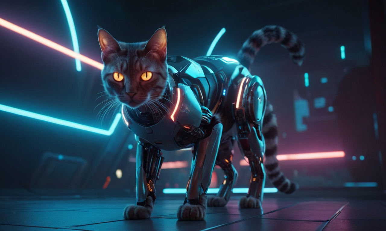 A futuristic robotic cat character with glowing neon eyes and sleek metallic body, set in a virtual game environment with digital landscapes and advanced technology details.
