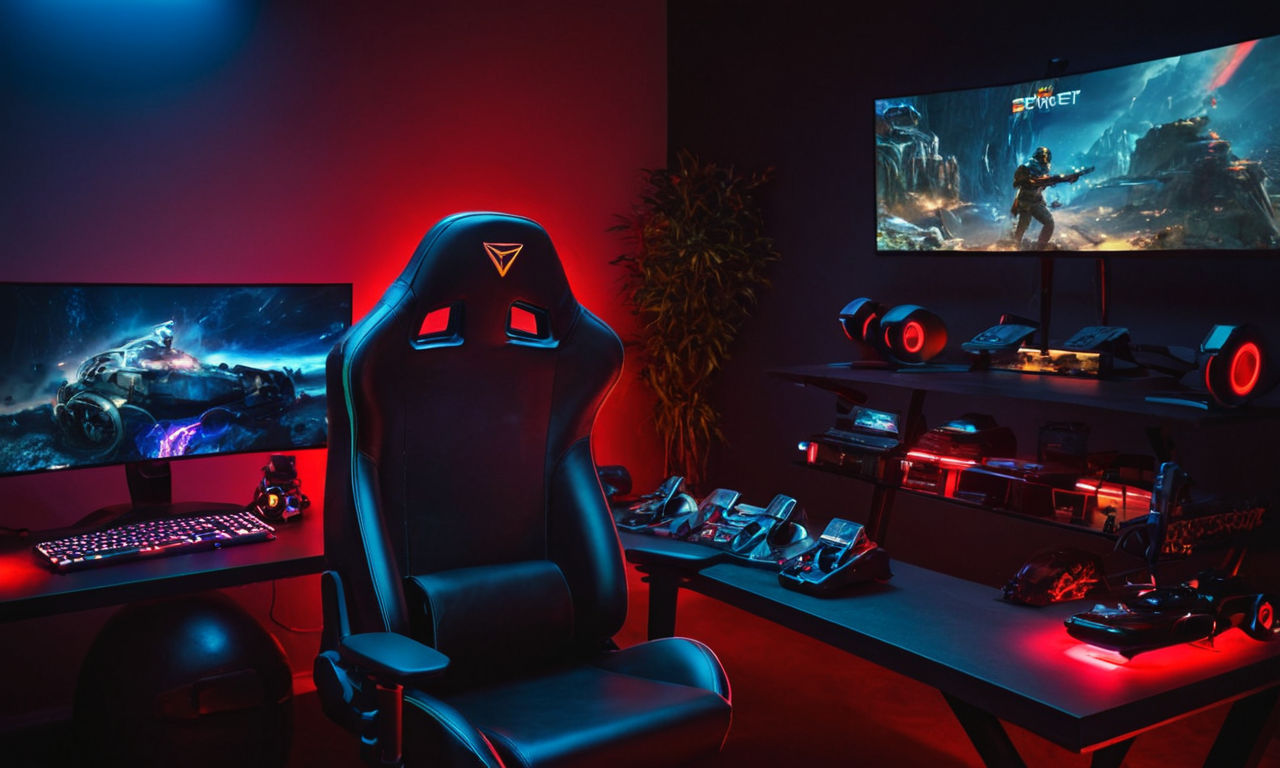 A futuristic gaming setup with multiple screens displaying different games, colorful LED lights, high-tech gaming accessories, and a comfortable gaming chair.
