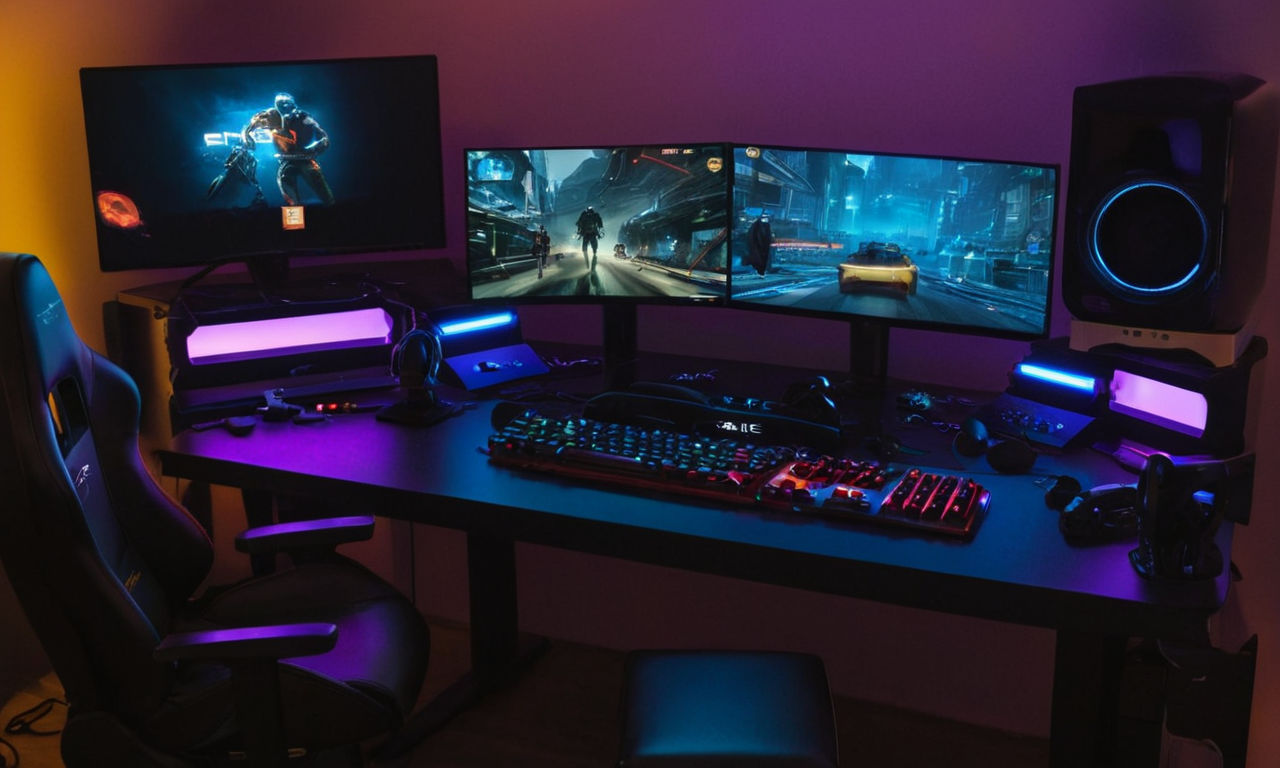 A futuristic, high-tech gaming setup with multiple screens displaying different game interfaces, colorful LED lights, gaming peripherals like keyboard, mouse, and headset, showcasing a dynamic and immersive gaming environment for a professional gamer.
