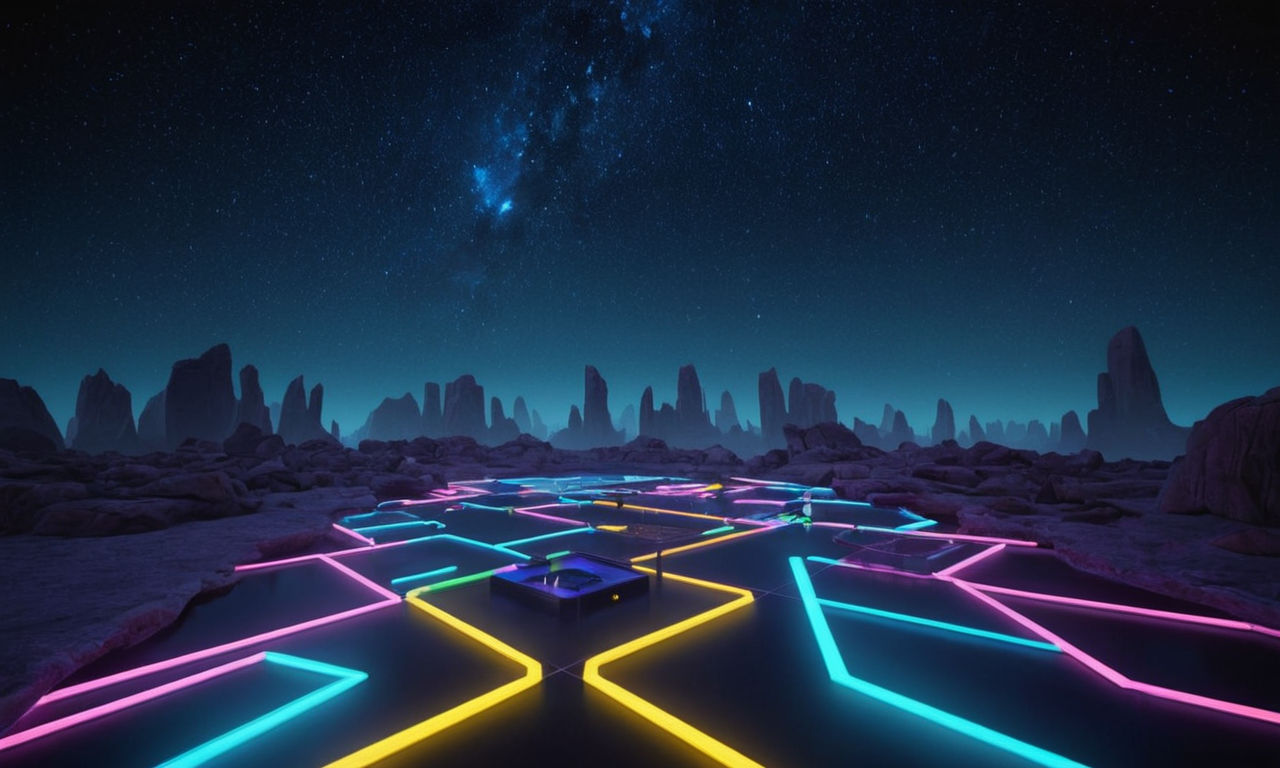 A mesmerizing puzzle game environment featuring futuristic neon pathways and floating geometric shapes, set against a backdrop of a starry night sky. The scene conveys a sense of strategic planning and intellectual challenge, perfect for a game like Star Pusher.
