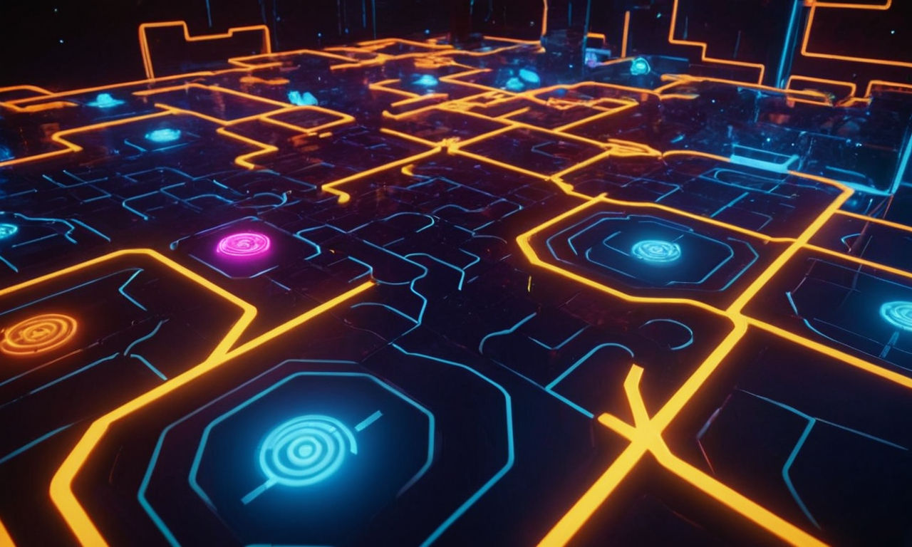 A futuristic space-themed puzzle game with neon lights, glowing star-shaped objects, and intricate maze-like levels. The image should capture the essence of strategic planning and problem-solving in a virtual world setting.
