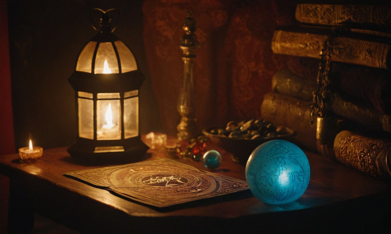 Virtual fortune teller game interface with a mystical crystal ball, glowing runes, and tarot cards in a dimly lit setting, capturing the essence of traditional fortune telling with a touch of digital magic.
