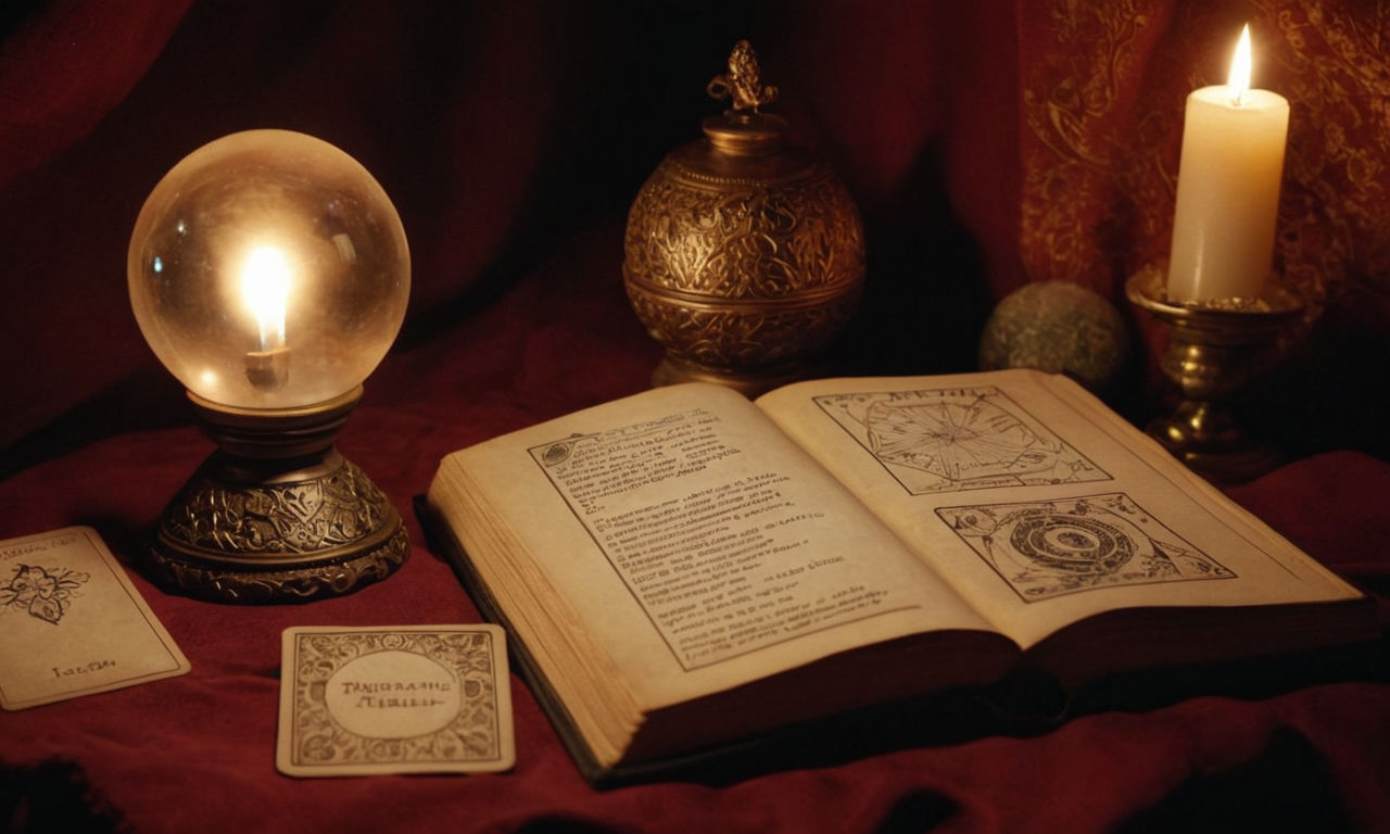 Virtual fortune teller interface with mystical elements: a magical crystal ball glowing with ethereal light, a deck of ancient tarot cards neatly arranged, and a mysterious antique fortune-telling book open to a page filled with cryptic symbols. The scene captures the essence of engaging fortune teller simulations, inviting users into a world of intriguing predictions and mystical guidance.
