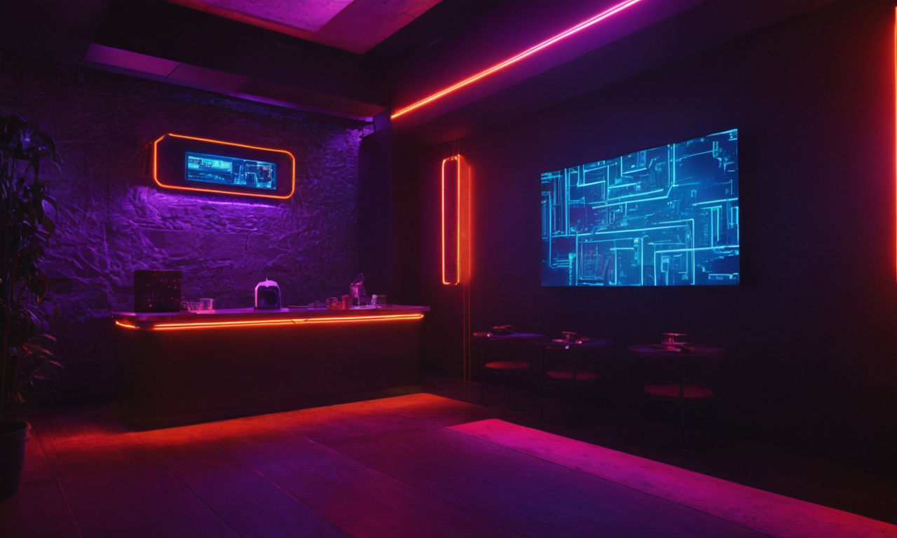 A mysterious and intricate virtual escape room with high-tech gadgets, hidden clues, and challenging puzzles waiting to be solved in a futuristic setting. The room is filled with neon lights, interactive elements, and a thrilling atmosphere that will test the players' problem-solving skills and strategic thinking.
