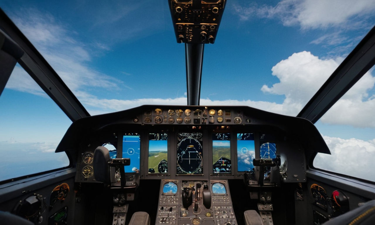 Airplane cockpit simulator in HTML5 with realistic controls and instruments, immersive flying experience, detailed cockpit view, blue sky and clouds visible through the cockpit window.
