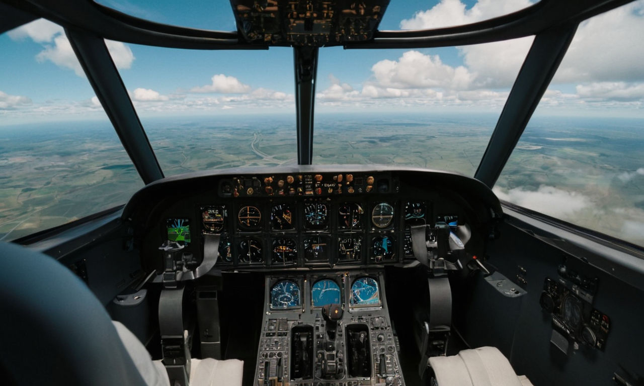 A realistic cockpit of an airplane simulation game in HTML5, showcasing detailed controls and instruments, with a panoramic view of the sky through the windshield. The game environment includes clouds, blue skies, and distant landscapes for an immersive aviation experience.
