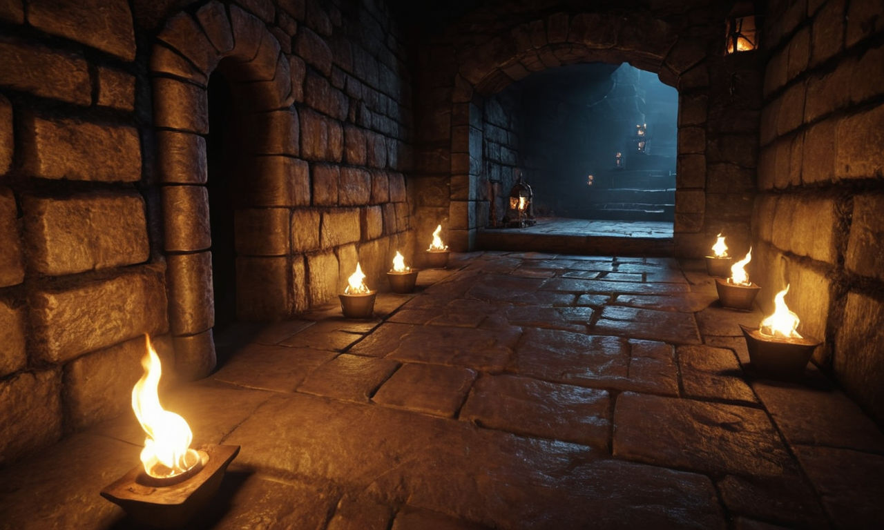 A captivating and mysterious dungeon entrance with torches illuminating the pathway, treasure chests scattered around, and various obstacles hinting at the challenges that await. The scene conveys a sense of adventure and exploration, perfect for showcasing the world of web-based roguelite games.
