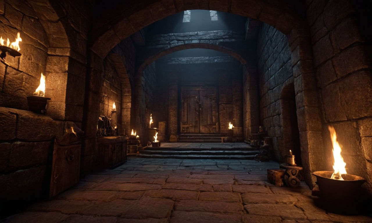 A dark dungeon with mysterious corridors and treasure chests, illuminated by flickering torches. Shadows cast eerie shapes on the walls, hinting at lurking dangers in this roguelite game setting. The scene evokes the essence of procedural generation, permadeath mechanics, and endless replayability for players exploring web-based roguelite games.
