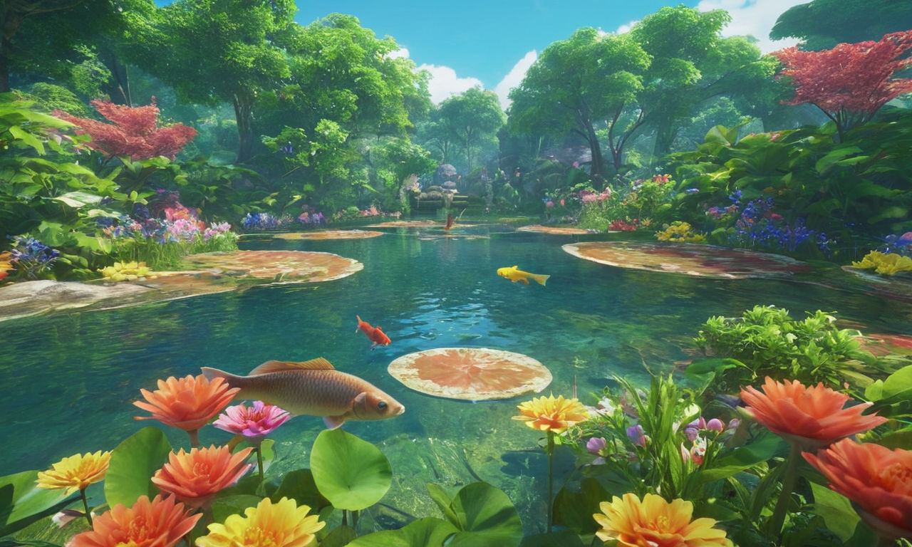 A serene digital pond teeming with colorful aquatic creatures resembling carp, surrounded by lush greenery and colorful flowers. The scene captures the essence of a peaceful fishing spot in a virtual world, perfect for enhancing your Digimon catching skills.
