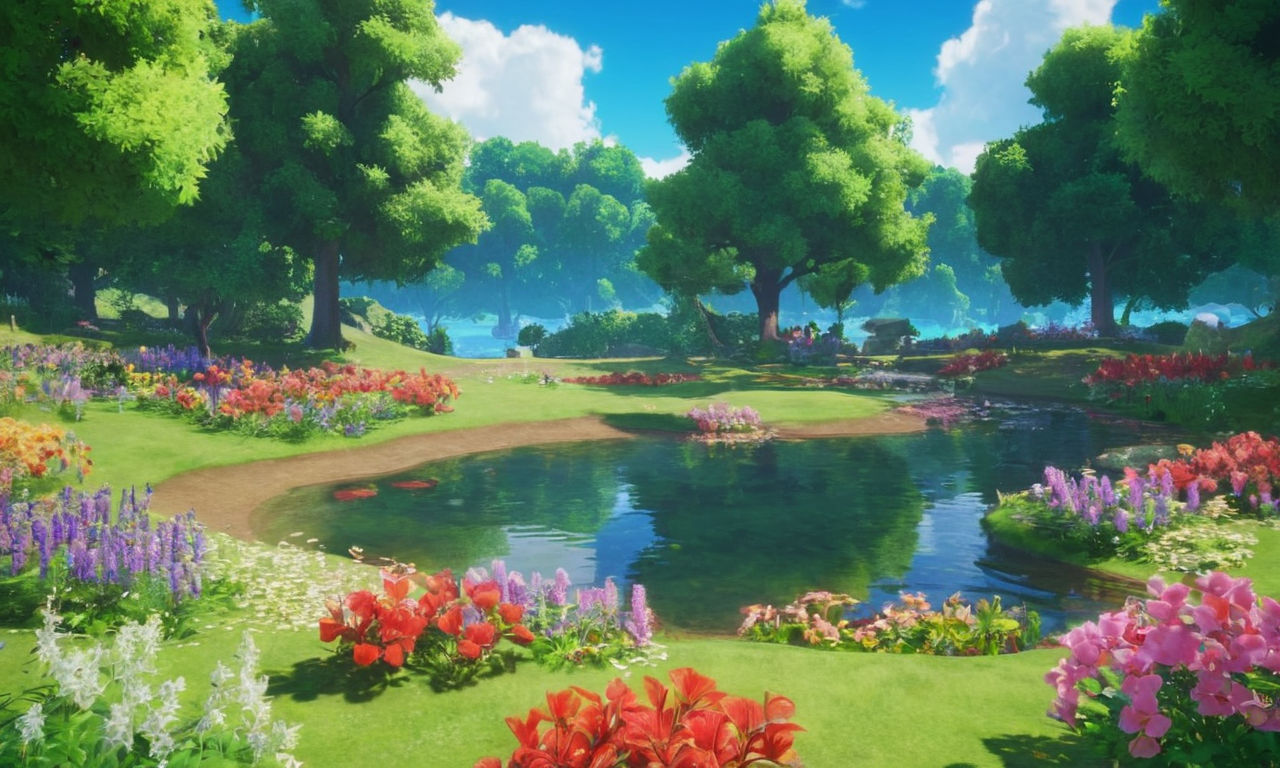 A serene digital pond with vibrant water, shimmering with the reflection of colorful Digicarp swimming gracefully. Multiple fishing rods of varying sizes and shapes are propped up on the lush green bank, surrounded by blooming pixelated flowers. Light filters through the virtual trees, casting a warm glow on the peaceful scene, inviting players to engage in the art of catching Digicarp in Digimon World Next Order.
