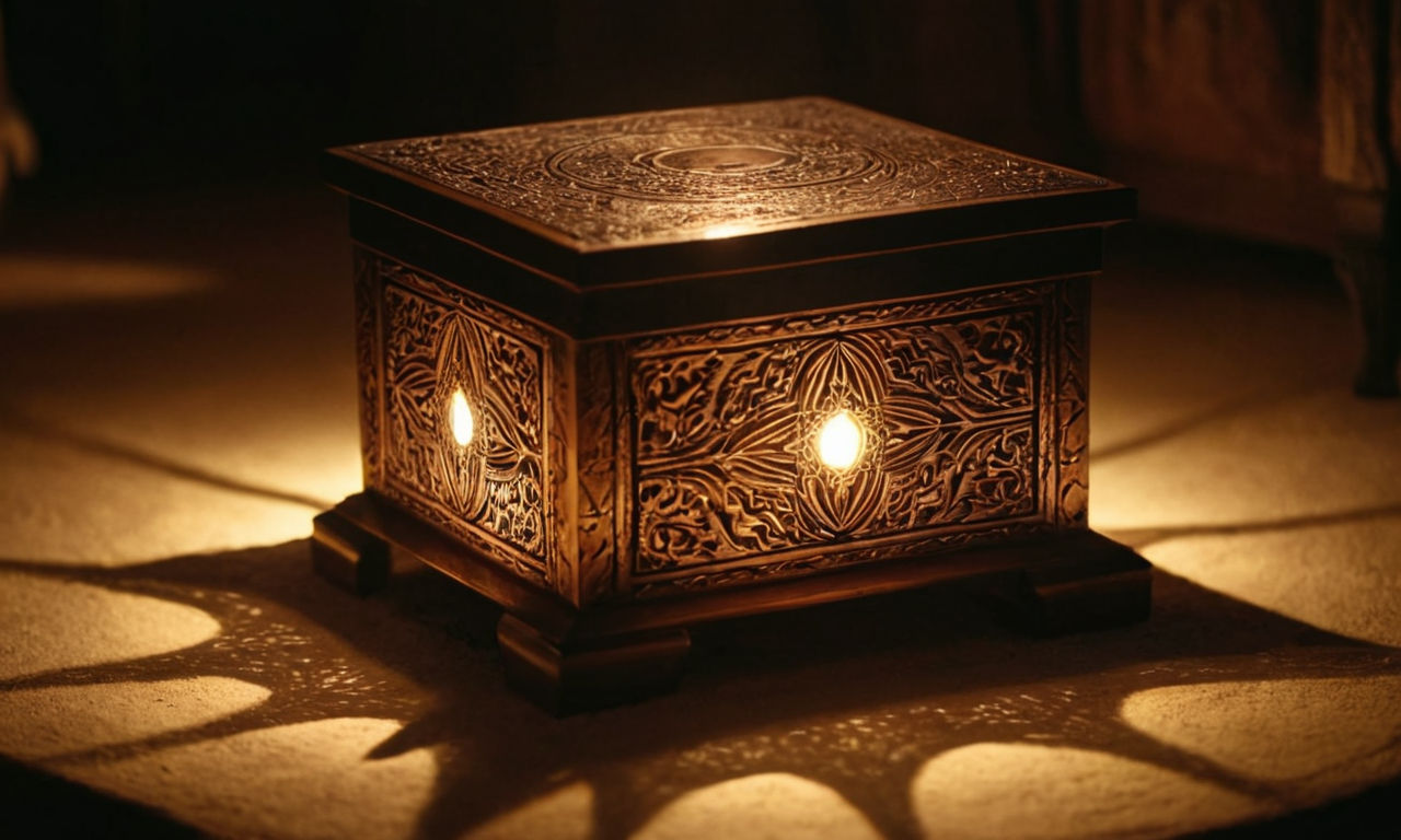 A mystical Pandora's Box with intricate carvings and a glowing aura, sitting on a pedestal in a dimly lit chamber. Sparks of magic and mystery emanate from the box, hinting at the surprises it holds within.
