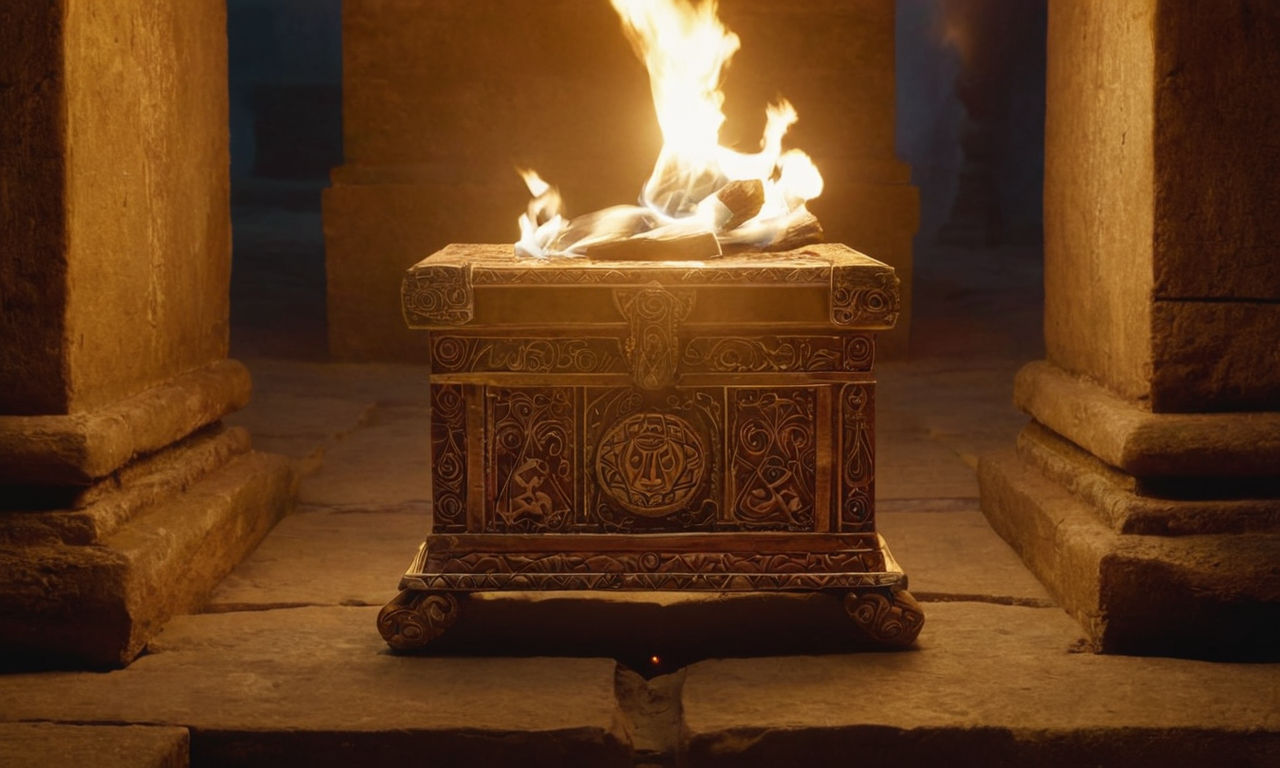An image of a mystical, glowing Pandora's Box sitting on a stone pedestal surrounded by ancient ruins and flickering torches. The box is intricately decorated with intricate symbols, hinting at the powerful and unpredictable effects it holds within the Tangledeep game world. The scene captures the aura of mystery and wonder associated with unlocking the secrets of Pandora's Box in the game.
